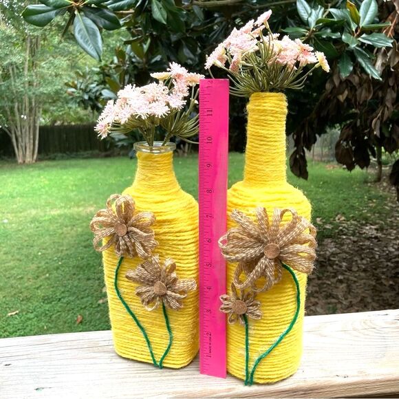 Bud Vases Recycled Glass Flower Yarn Wrapped Yellow Brown Green Set of 2 - Picture 5 of 14